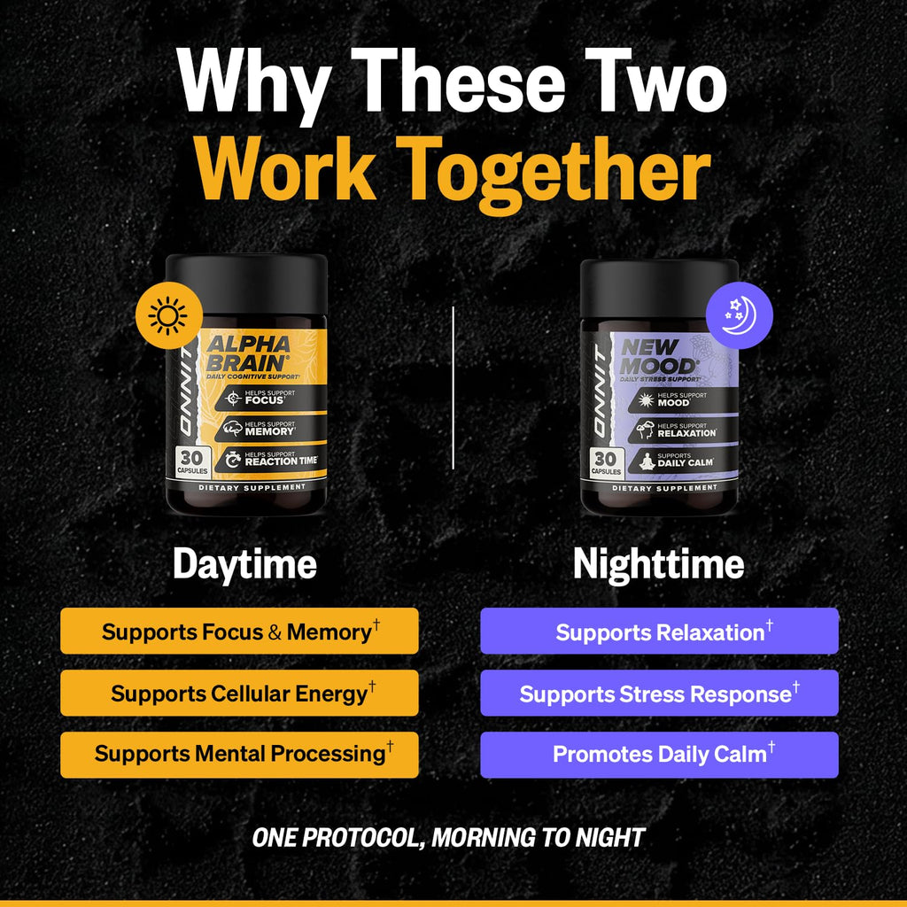 ONNIT Cognitive & Mood Support Bundle: Alpha Brain Nootropic Capsules (30 Count) + New Mood Stress Support Capsules (30 Count), IGEN Non-GMO Tested Focus, Mental Clarity, Relaxation & Sleep, 2 Pack