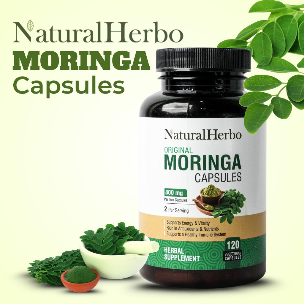 NaturalHerbo Pure Moringa Capsules - Pure Moringa Leaf Extract for Natural Energy, Digestion & Daily Wellness | Green Superfood Supplement | Vegan, Non-GMO, Gluten-Free | 120 Capsules (800mg)