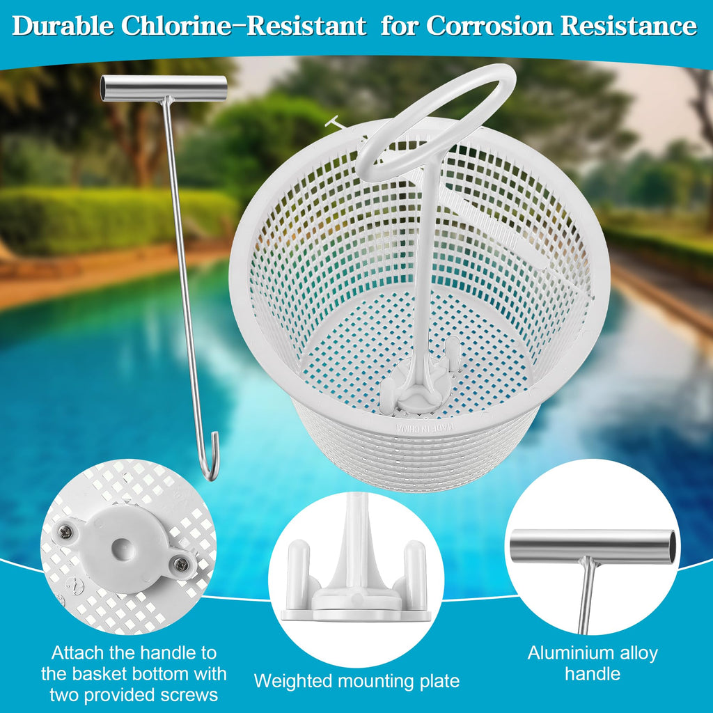 Saillong 2 Set 8" Pool Skimmer Basket for Inground Pool with 2 Skimmer Baskets Handle and 1 Stainless Steel Hook, White Universal Pools Filter Basket Skimmers for Debris Removal, Keep Hands Clean