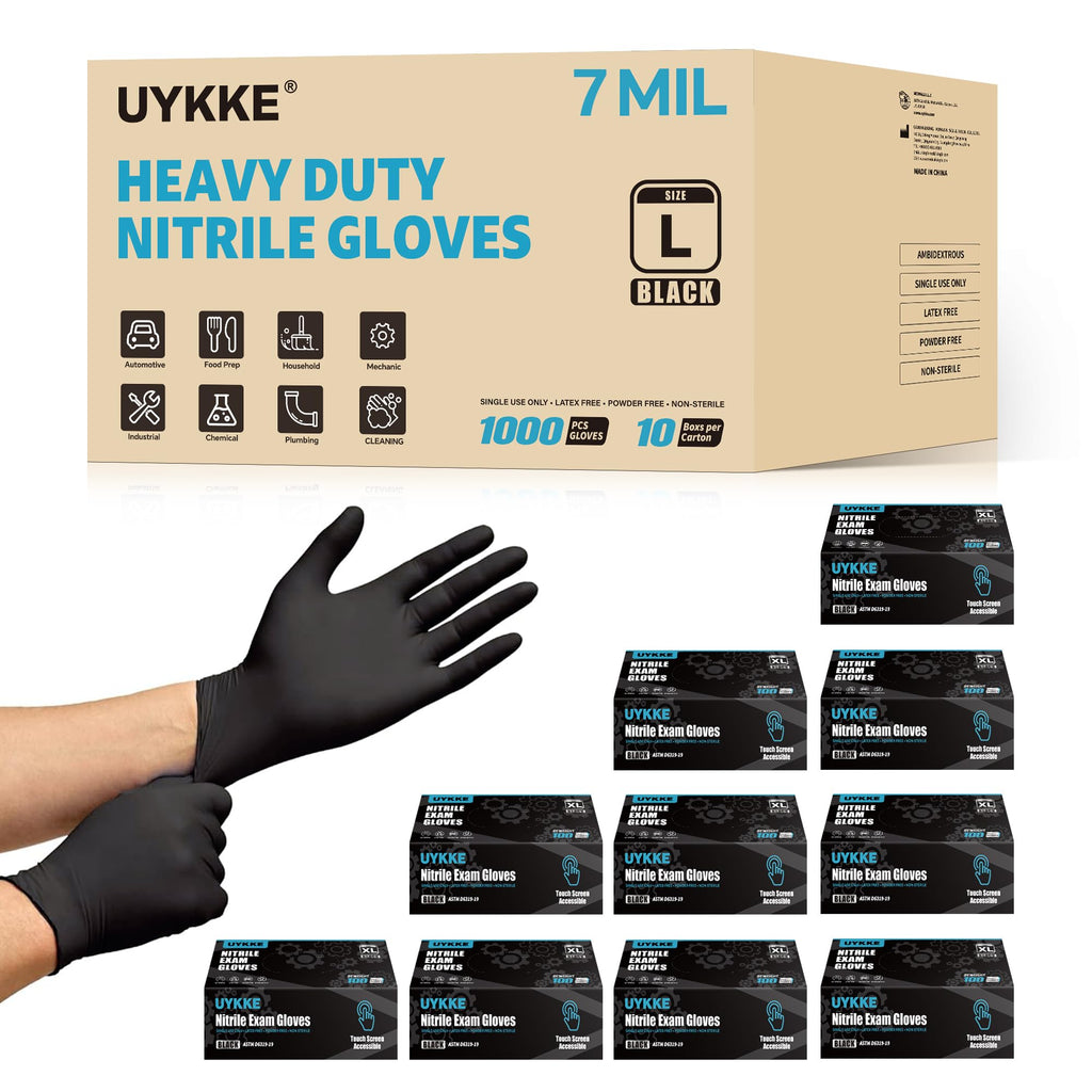UYKKE Nitrile Gloves Disposable Rubber Latex Gloves Large Black Nitrile Glove Disposable Rubber Latex Mechanic HEAVY DUTY 7 Mil Glove