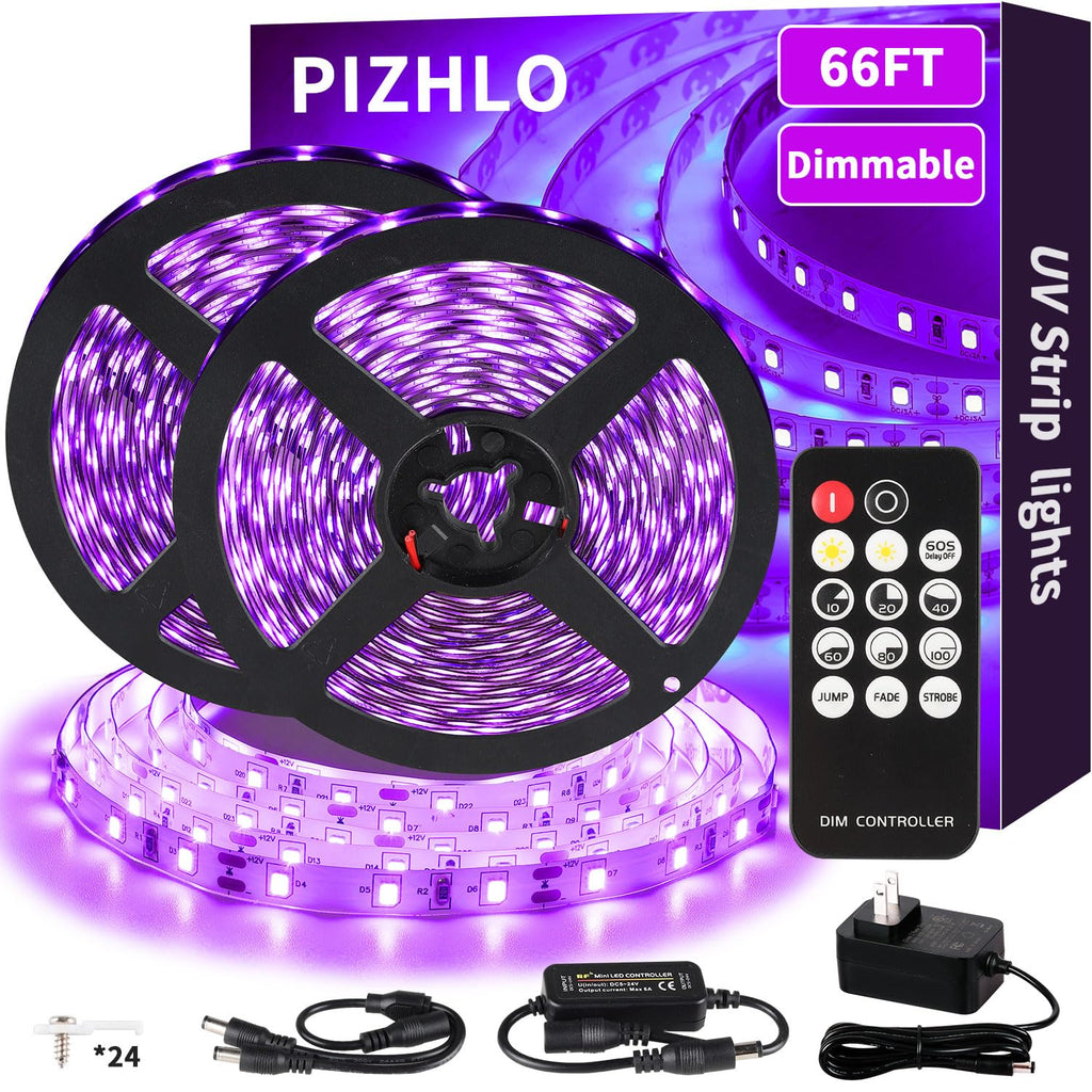 PIZHLO 66 Foot Black Light Strips & Remote, Dimmable Flexible Blackights Strip Lights 1200 LEDs for Glow Party Body Paint Birthday Bedroom Room Fluorescent Tapestry Poster, Non-Waterproof