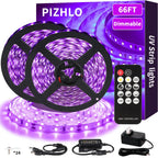 PIZHLO 66 Foot Black Light Strips & Remote, Dimmable Flexible Blackights Strip Lights 1200 LEDs for Glow Party Body Paint Birthday Bedroom Room Fluorescent Tapestry Poster, Non-Waterproof