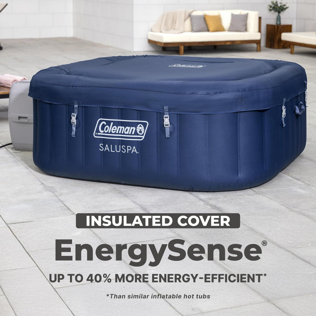 Coleman SaluSpa Atlantis AirJet Inflatable Hot Tub, 4 to 6 Person Square Portable Outdoor Spa with 140 Air Jets, App Control and EnergySense Insulated Cover, 71" x 28"