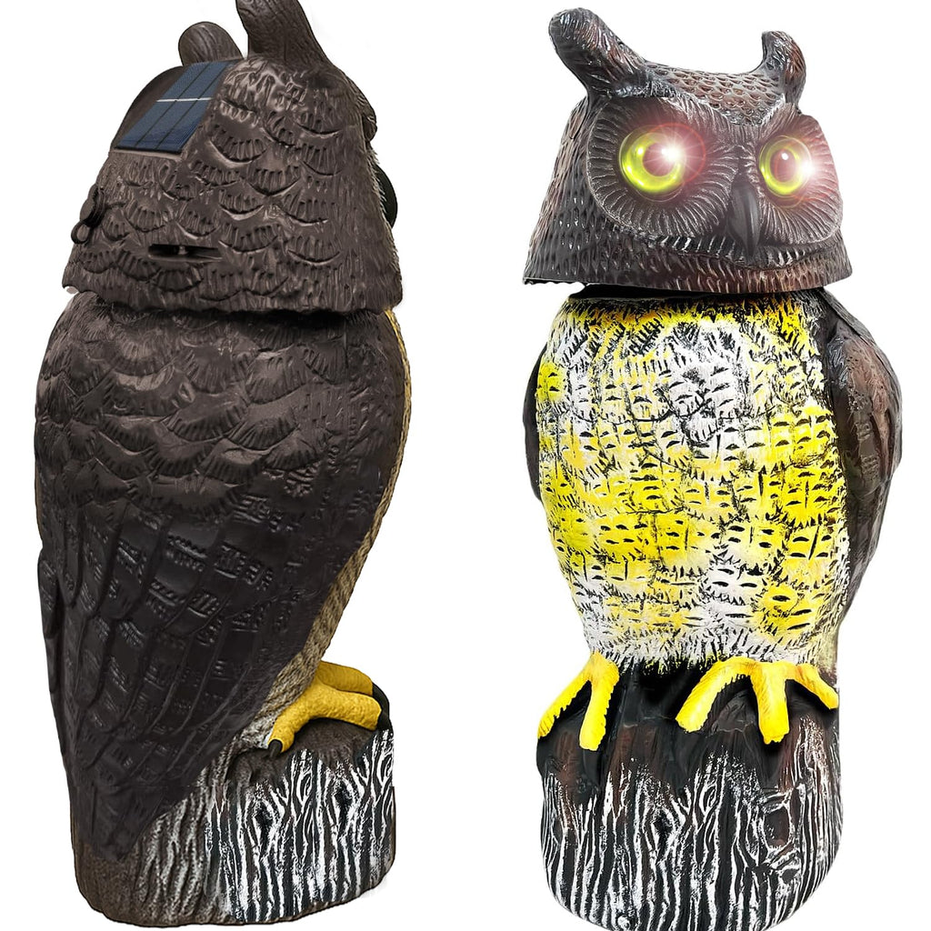 GIFTEXPRESS 1Pcs Solar Power Owl Decoy – 17" Motion Sensor Pest Repellent with Rotating Head, LED Eyes & Sound – Fake Horned Owl for Garden, Yard, Balcony, Farm, Patio, Roof, Lawn- Life Size