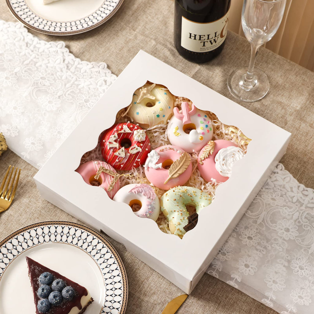 Moretoes 24pcs Bakery Boxes, 10x10x2.5 Inches Auto-Popup Pie Boxes for Cookies, Chocolate Covered Strawberries, Pies, Donuts, Muffins