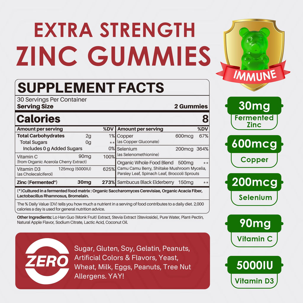 Fermented Zinc Gummies 30mg, Copper, Selenium, Vitamin C, D3, Superior Absorption Zinc Supplements for Women & Men, Immune, Powerful Antioxidant, Zinc Picolinate Alternaitive, Vegan, No Sugar, 60 Cts