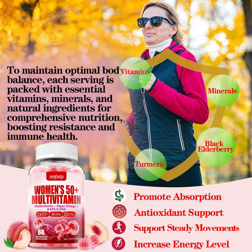 ZEGBALP Sugar-Free Womens Multivitamin 50 Plus Gummies with Calcium, Magnesium, Zinc, Vitamin A, C, D3, E, K2, B Complex, Folate, Biotin - Multi Vitamins & Minerals for Skin, Energy, Immune Support