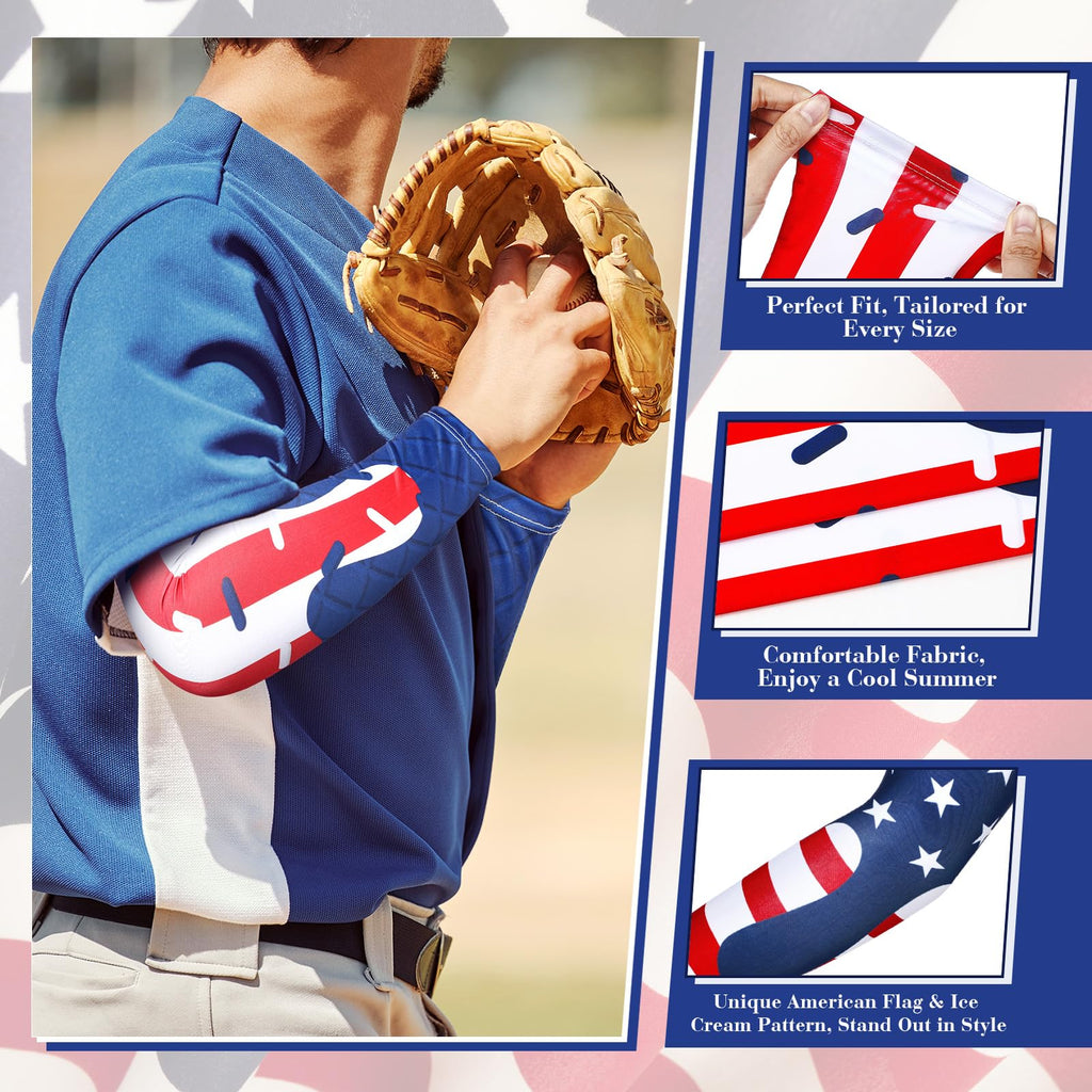 Shyyween 6 Pair Ice Cream Drip Baseball Arm Sleeve Youth American Flag Compression Arm Sleeve Red White and Blue Sport Gift