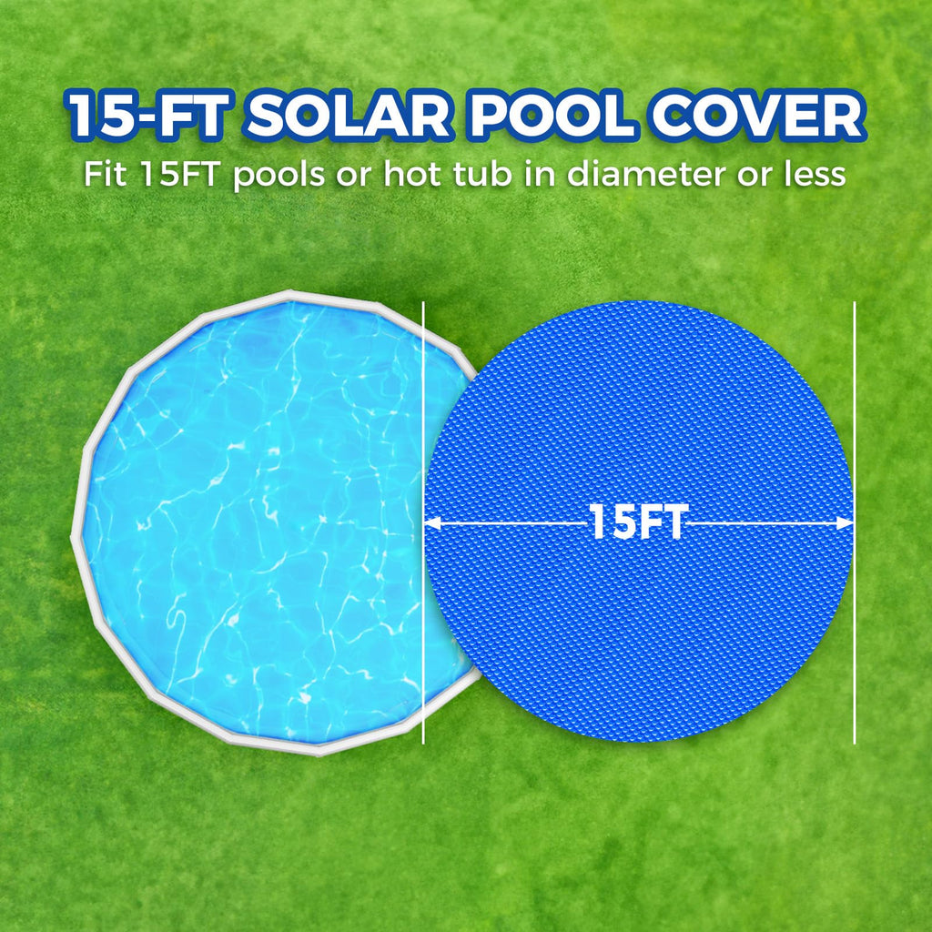 KETNET Solar Pool Cover 15 ft Round for 6-24ft Above Ground Inground Pools, Hot Tub Spa Thermal Heating Bubble Wrap Covers, 12 Mil Heavy-Duty Circle Blue Floating Blanket Mat for Swimming Pools