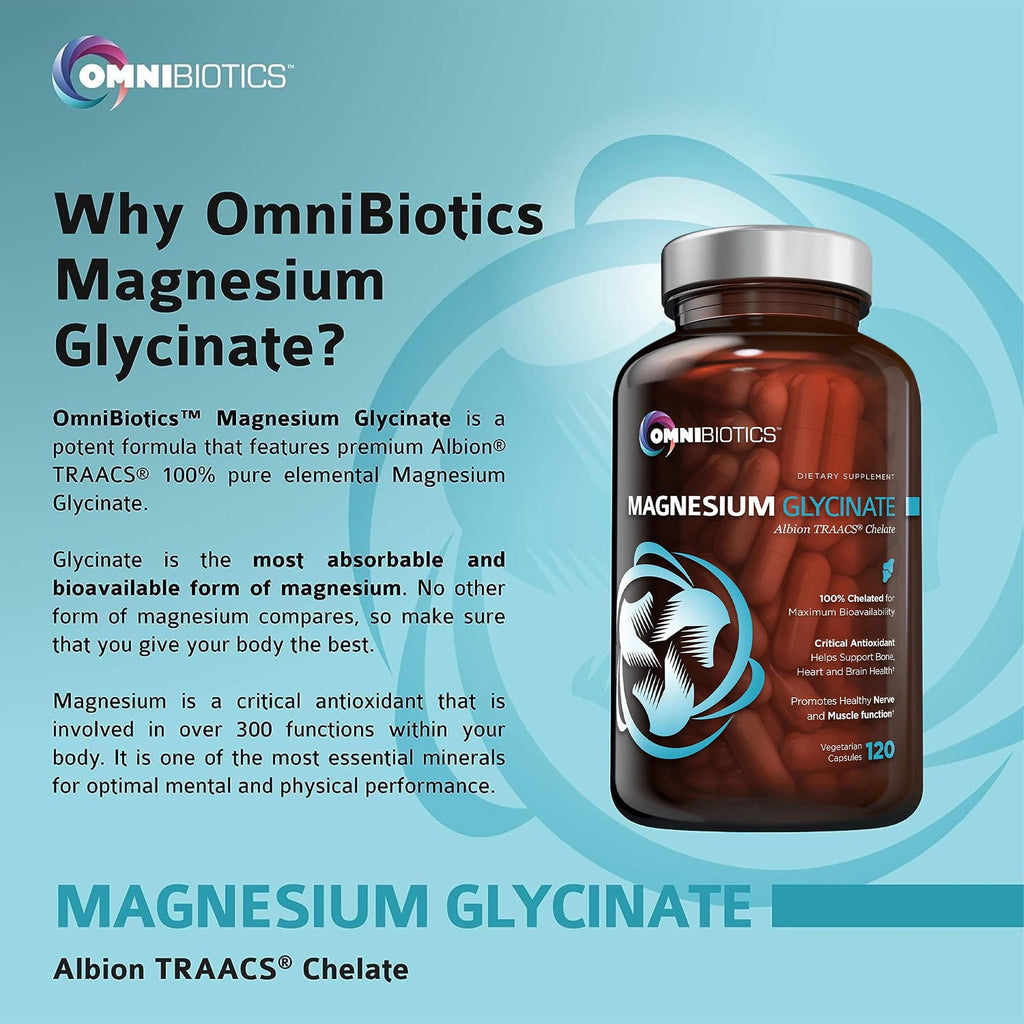 OmniBiotics Magnesium Glycinate Supplement – with 100% Pure Albion TRAACS Bisglycinate Chelate for Sleep, Muscle, Nerve & Heart Health – 120 Vegan Capsules