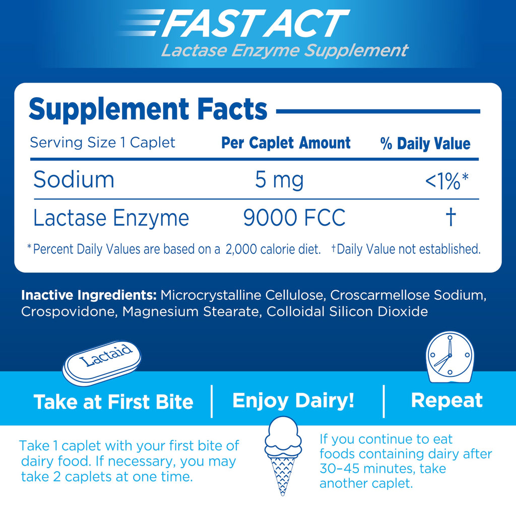 Lactaid Fast Act Lactose Intolerance Relief Caplets, Lactase Enzyme to Prevent Gas, Bloating and Diarrhea Due to Lactose Sensitivity, Single-Serve Supplements for Travel and On-The-Go, 60 Count