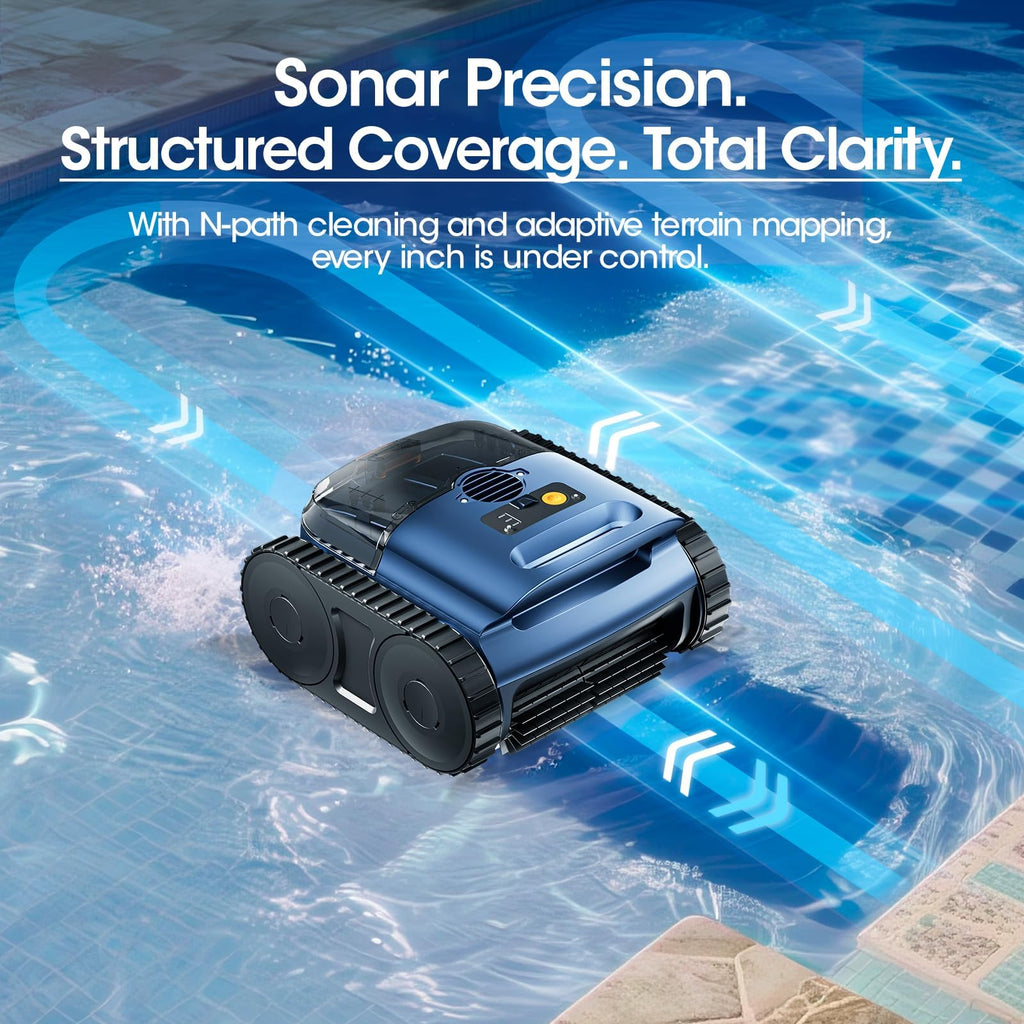 Cordless Robotic Pool Vacuum, Pool Cleaner with Track Drive & Sonar Navigation, 180W Brushless Motor, Wall & Waterline Climbing, 150-Min Runtime, for Inground Above-Ground 2150 Sq. Ft. (Dark Blue)