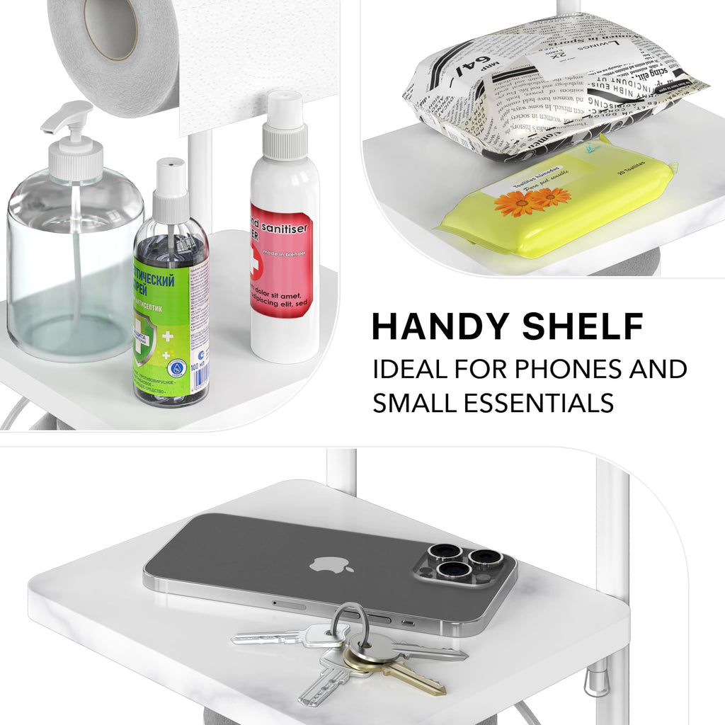 Simple Houseware English Style Bathroom Toilet Tissue Roll Holder Stand with Shelf, Marbled White