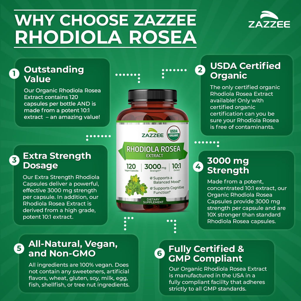 Zazzee USDA Organic Rhodiola 10:1 Exract, 3000 mg Strength, 120 Capsules, 4 Month Supply, Standardized and Concentrated 10X Extract, 100% Vegetarian, Extra Strength, All-Natural and Non-GMO
