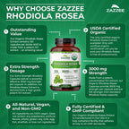 Zazzee USDA Organic Rhodiola 10:1 Exract, 3000 mg Strength, 120 Capsules, 4 Month Supply, Standardized and Concentrated 10X Extract, 100% Vegetarian, Extra Strength, All-Natural and Non-GMO