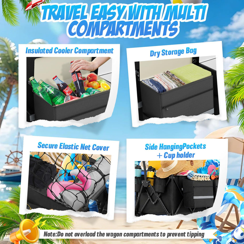 Beach Wagon with Big Wheels for Sand, 350lbs Heavy Duty Folding Wagon, Oversized 180L, 9" PVC All-Terrain Wheels, Adjustable Handle, Cooler & Storage Bags for Beach, Camping & Outdoor Sports (Black)