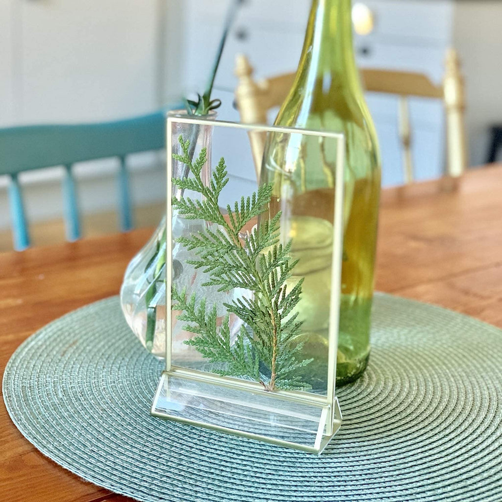 UNIQOOO Acrylic Sign Holders with Golden Border, Portrait View, Pack of 12 | 4x6 Inches Double Sided Clear Frame, Perfect for Wedding reception, Centerpiece, Decoration, Party,Anniversary, Event