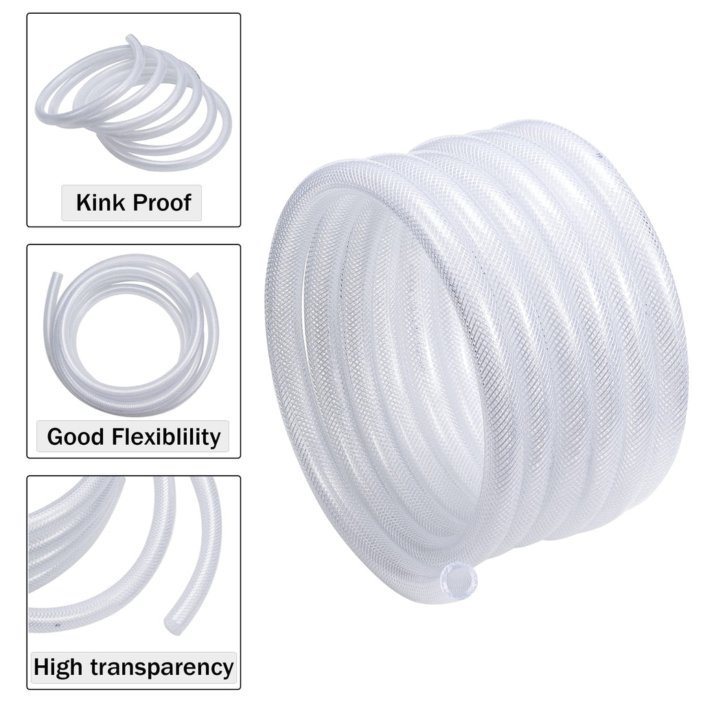 DAVCO 1/2" ID - 10 ft Heavy Duty Braided Clear Plastic Vinyl Tubing, Flexible High Pressure Reinforced PVC Plastic Tube Hose, Non-toxic, BPA Free, with 2 Stainless Clamps