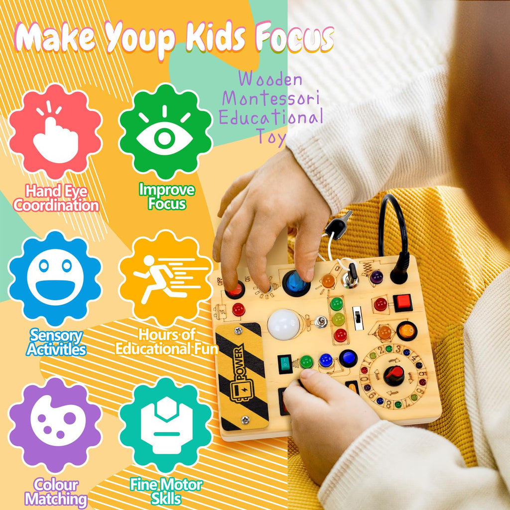 Busy Board with LED Light Switches, Montessori Toys for 1 2 3 Years Old, Toddlers Wooden Toy Sensory Activity Board, Travel Toys for 1+ Year Old Boy & Girl Birthday Gift
