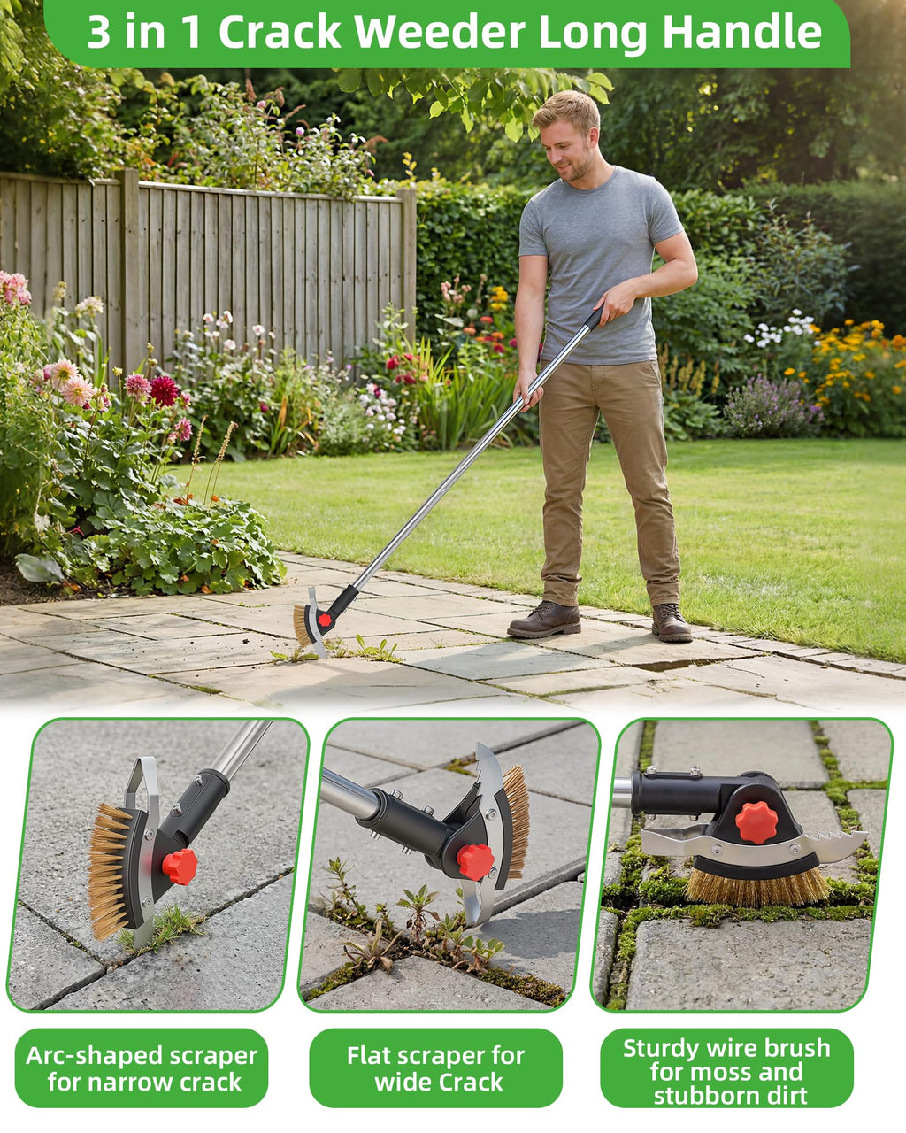 SFTPO 3-in-1 Crack Weeder Long Handle, Adjustable Crevice Weeding Tool with Stainless Steel Weed Brush and 2 Scrapers Weed Puller Tool for Driveway, Sidewalk, Lawn to Remove Weeds Moss Dirt (58.6")