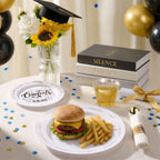 Goodluck 350 Piece Graduation Gold Plastic Dinnerware Set for 50 Guests, Congrats Grad Disposable Plates Include: 50 Dinner Plates, 50 Dessert Plates, 50 Cups, 50 Pre Rolled Napkins with Silverware