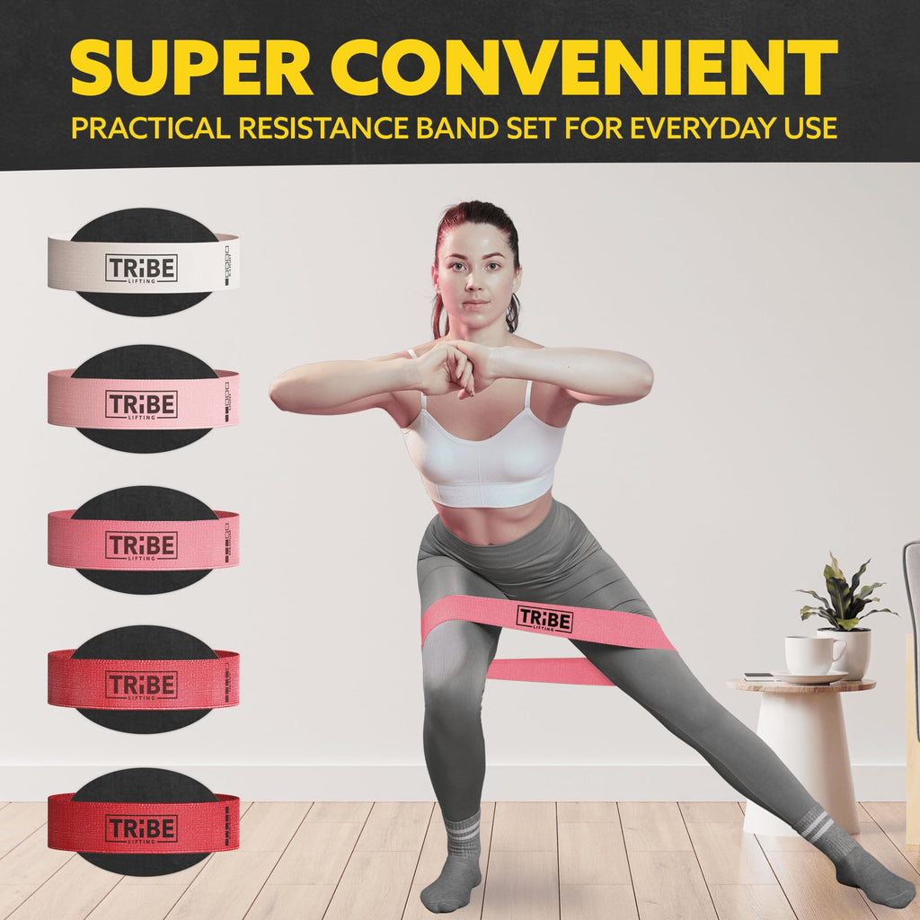 Tribe Lifting Fabric Resistance Bands for Glutes & Legs | 5 Fabric Workout Bands Set | Thick Booty Bands for Squats, Lunges, Hip Training, Physical Therapy & Home Workouts