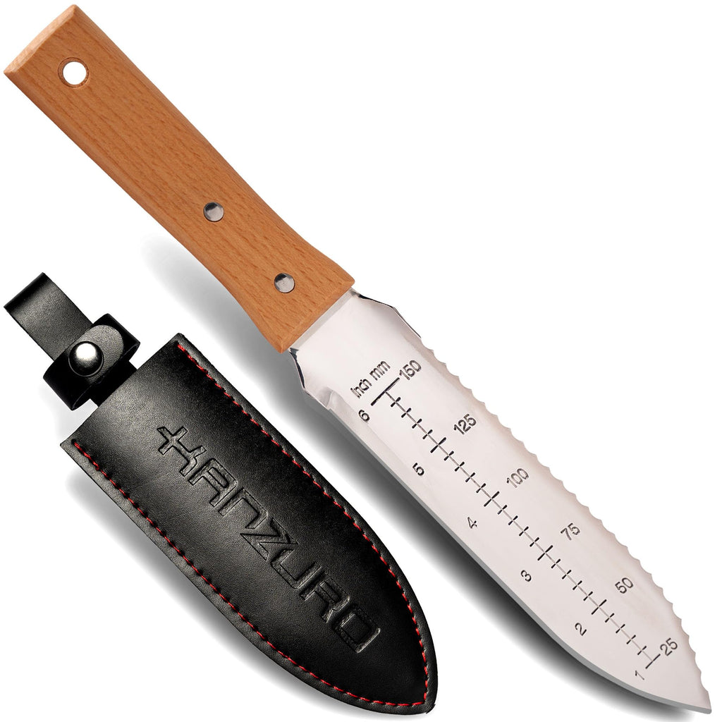 Kanzuro Hori Hori Garden Knife - Japanese Style Weeding & Digging Knife with Stainless Steel Blade, Depth Markings, Wooden Handle & Protective Sheath (Silver)