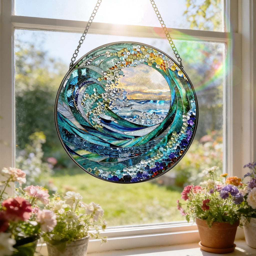 Stained Glass Window Hanging, 7.8" Ocean Wave Stained Glass Suncatcher, Sun Catchers Indoor Window Ornament, Suncatchers for Windows, Doors & Home Decor, Gift for Sea Lovers & Beach Lovers