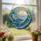 Stained Glass Window Hanging, 7.8" Ocean Wave Stained Glass Suncatcher, Sun Catchers Indoor Window Ornament, Suncatchers for Windows, Doors & Home Decor, Gift for Sea Lovers & Beach Lovers