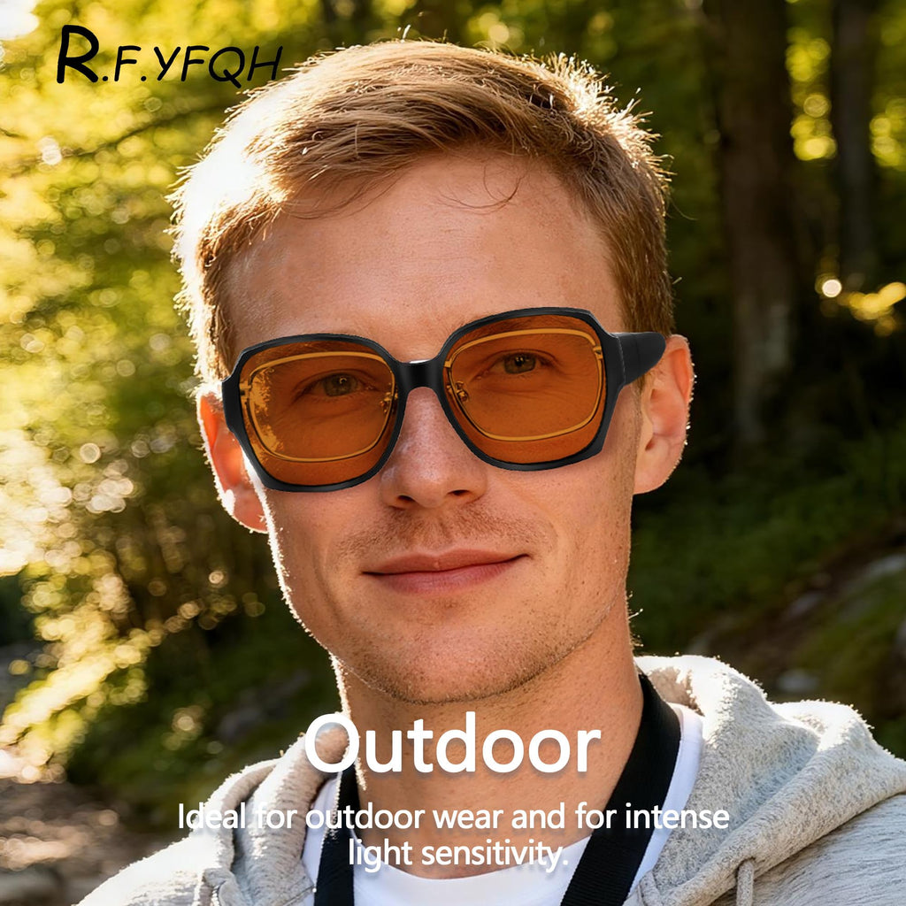 R.F.YFQH 2 Pack Indoor Fluorescent-41 Rose & Outdoor Fluorescent-60 Brown Tinted Fit Over Blue Light Blocking Glasses for Migraine, Light Sensitivity, Photophobia & LED Gaming Computer Glare JF7202