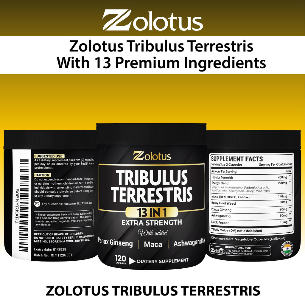 Zolotus 13in1 Tribulus Terrestris Capsules with Maca, Horny Goat Weed, Panax Ginseng, Saw Palmetto, Tongkat Ali, Shilajit & More - Energy, Stamina Supplement for Men & Women - 120 Counts