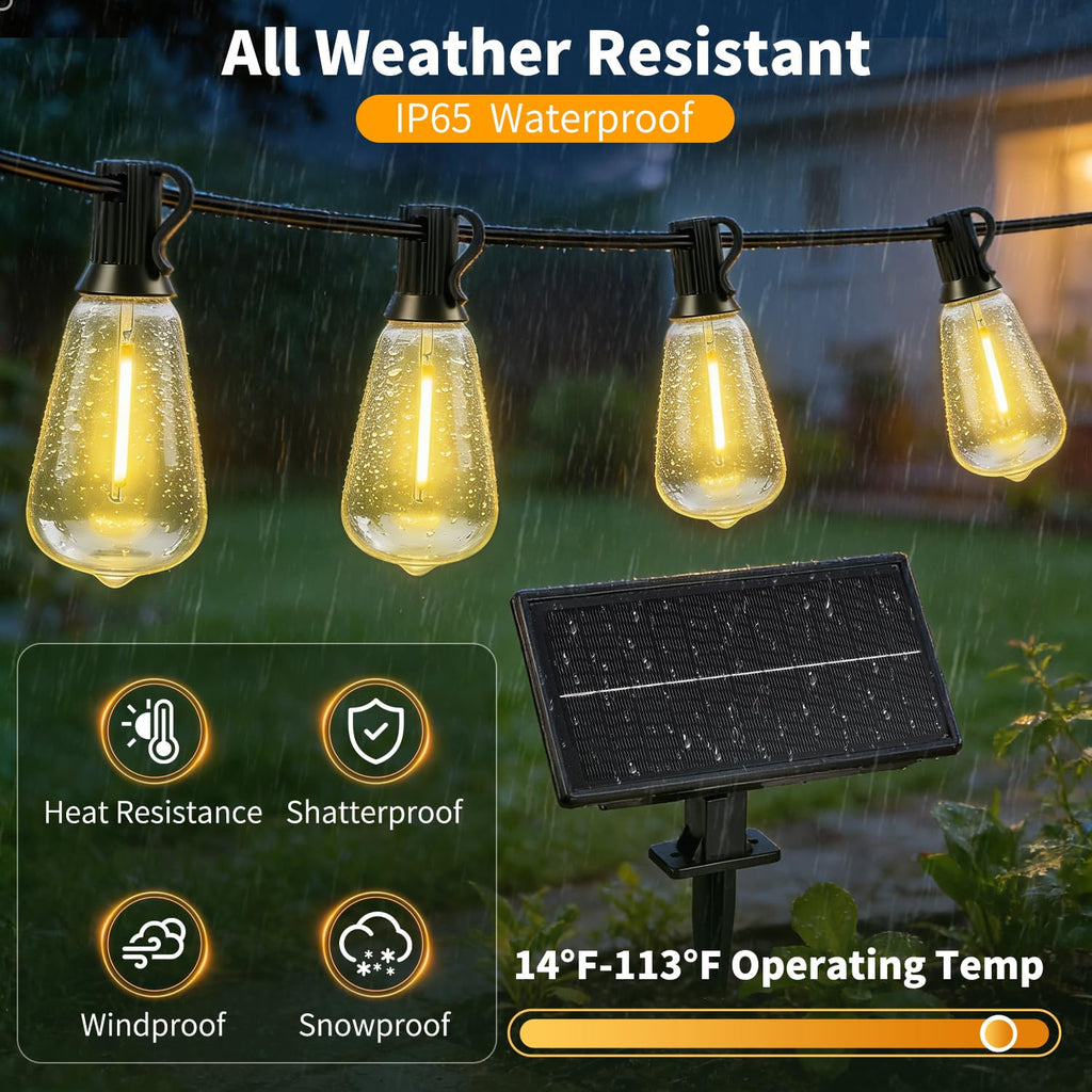 FUANXIEI Solar Lights Outdoor Waterproof: ST38 100FT 30M Shatterproof Bulbs Patio Lights - Solar Powered & USB Charging- Remote Control 3 Light Modes Dimmable Solar Light - Camping Backyard Garden