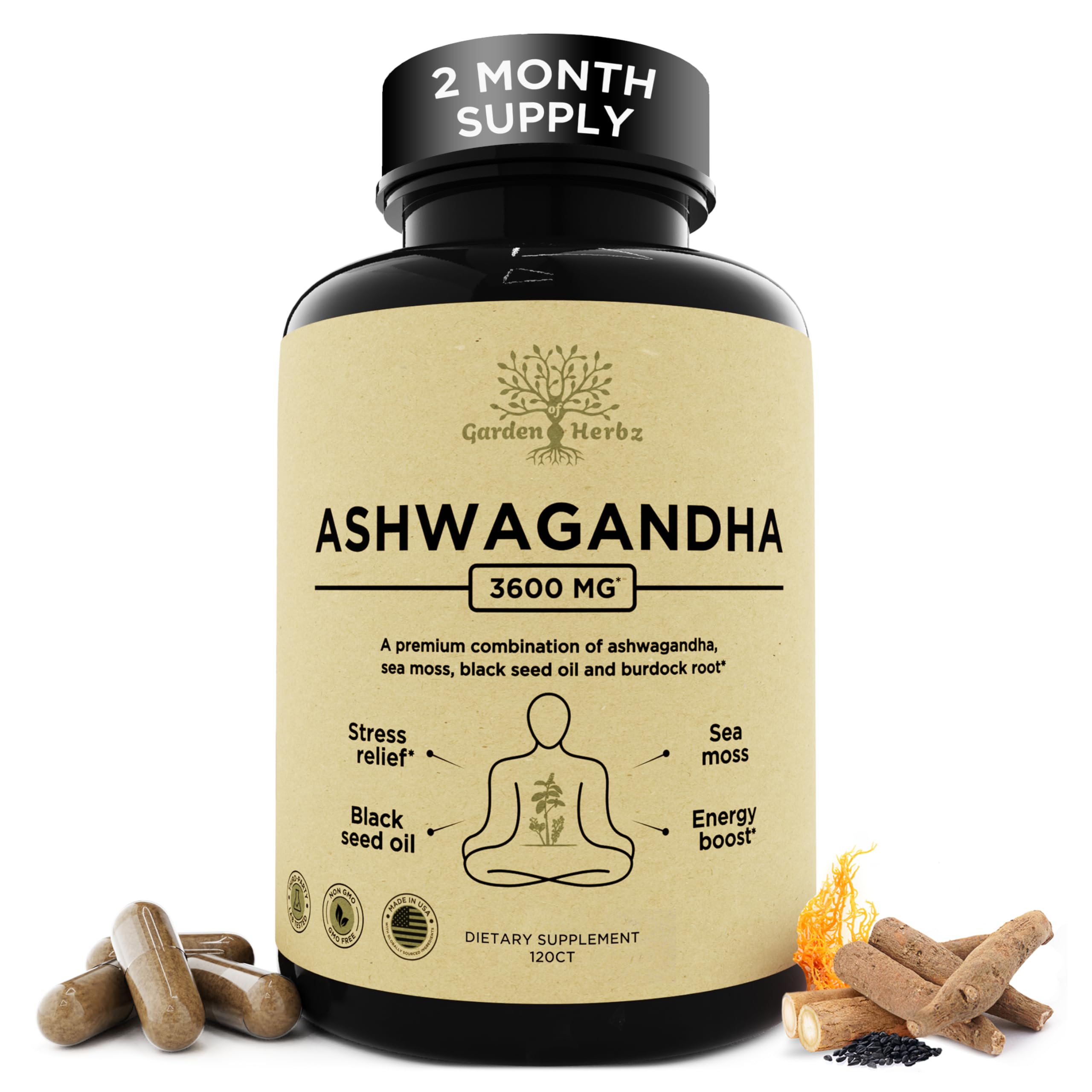 Garden of Herbz Organic Ashwagandha Root & Irish Sea Moss – 3,600 mg Ashwagandha Supplement with Black Seed Oil, & Burdock Root – Herbal Supplement for Energy, Calm, Mood, & Wellness, 120 Caps