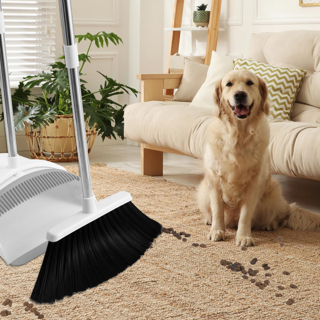 Broom with Dustpan Combo Set for Home Commercial Cleaning Supplies, Angle Broom with Long Handle Perfect for Courtyard Garage Street, White