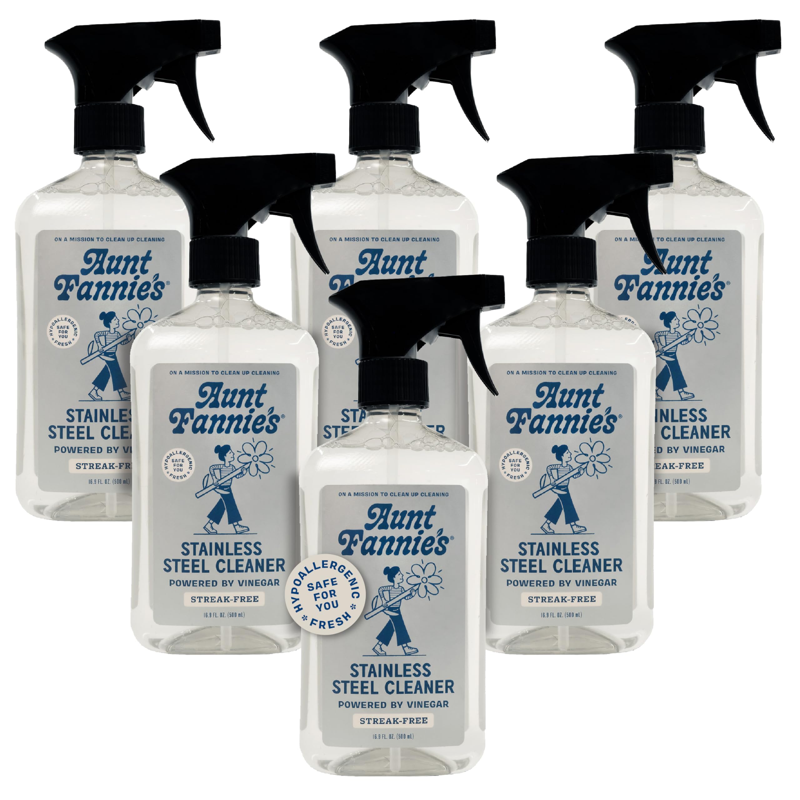 Aunt Fannie's Stainless Steel Spray Cleaner, Powered by Vinegar, Fingerprint and Residue Remover for Refrigerator, Dishwasher, Oven, Grill, Sink, Stovetop, and Other Appliances, Pack of 6
