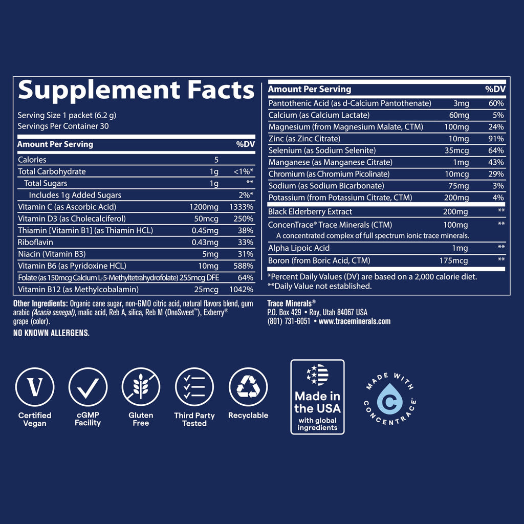 Trace Minerals | Power Pak Electrolyte + Immunity Boost Drink Packets | 1200 mg Vitamin C, Elderberry, Zinc, D3, B6, B12 | Immunity, Hydration, & Energy Support | Fizzy Lemon Berry | 60 Packets