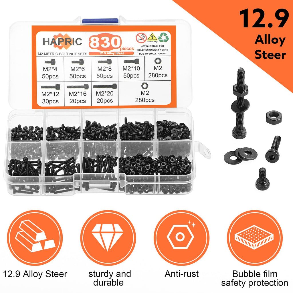 Hapric 830Pcs M2 Screws Assortment Kit, M2x 4-20MM Bolts Kits
