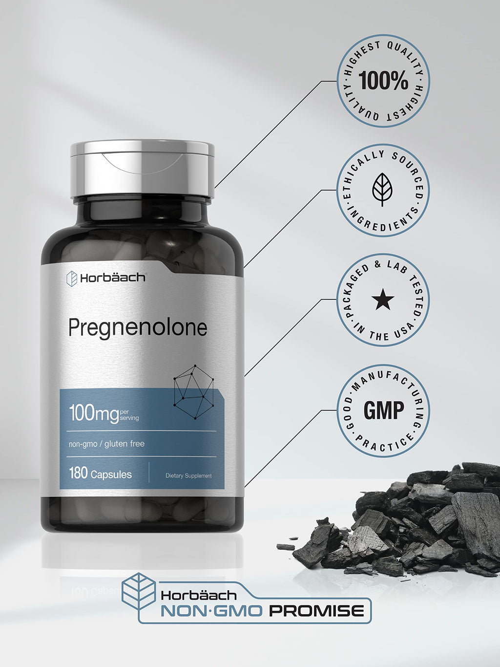 Horbäach Pregnenolone Supplement 100mg | 180 Capsules | Non-GMO and Gluten Free