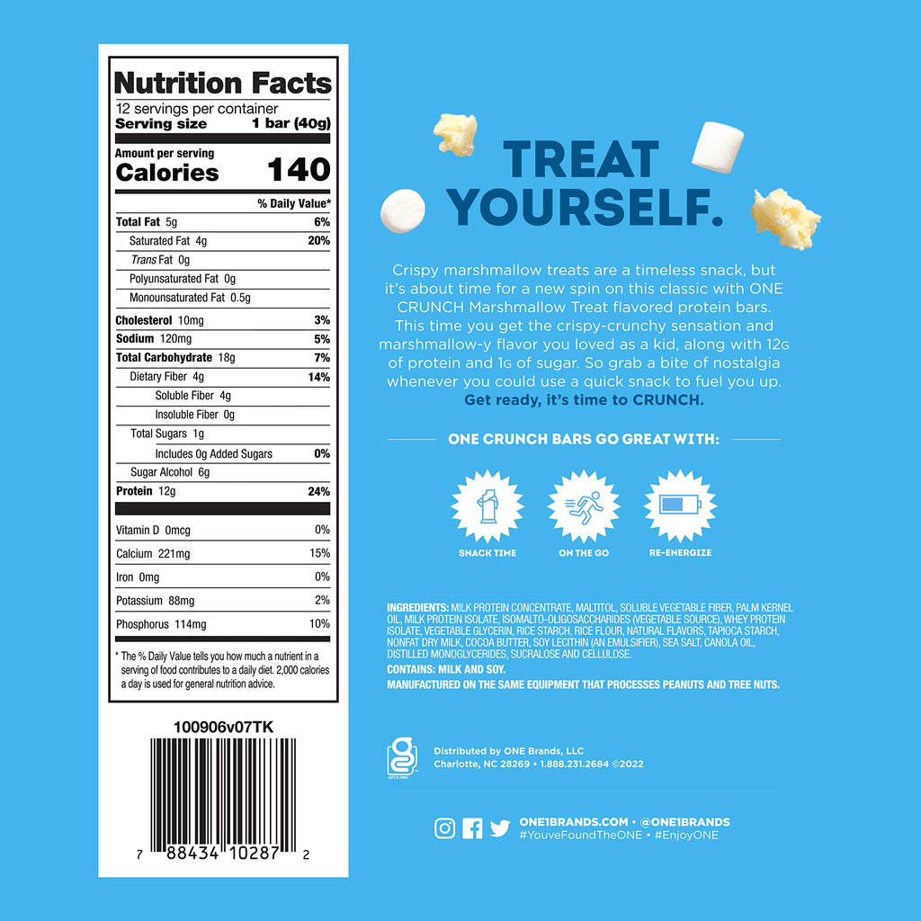ONE Crunch Protein Bars, Marshmallow Treat, Gluten Free Protein Bars with 12g Protein and 1g Sugar, Pantry Staples, 2.12 oz (12 Count)