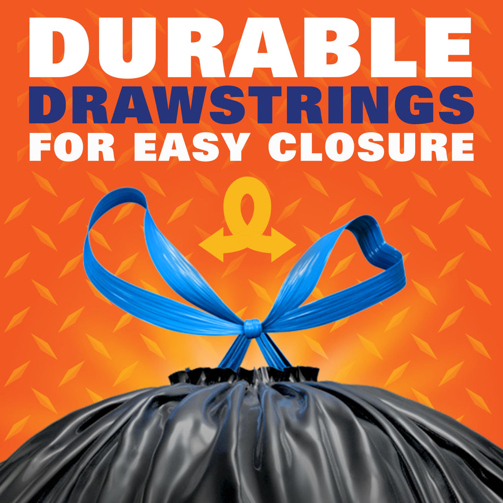 Hefty Strong 30 Gallon Trash Bags, Large Trash Bags 30 Gallon Size, Durable Drawstring Enclosure, Resists Punctures, Leaks, and Tears, Black, Unscented, 56 Bags