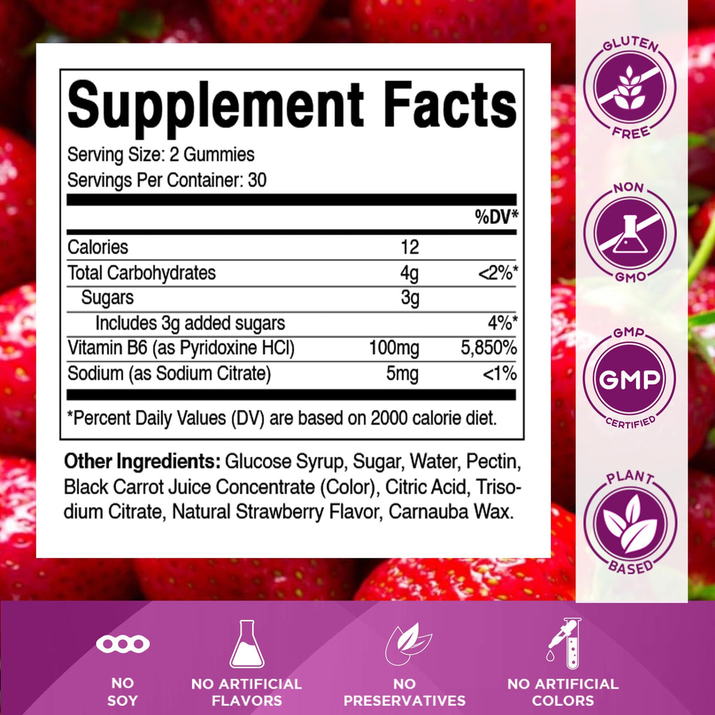Vitamatic 2 Packs Vitamin B6 100mg Gummies – Natural Strawberry Flavor – 60 Pectin-Based Gummies per Bottle – Nervous System & Energy Support