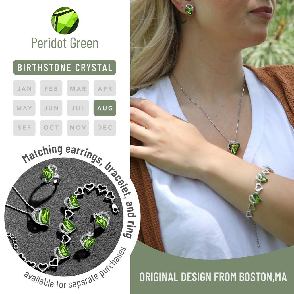 Leafael Gift Necklaces for Women, Infinity Love Birthstone Heart Pendant, Peridot Green Crystal for August, Birthday Jewelry for Her, Mom, and Wife, Silver Plated, 18" + 2" Chain