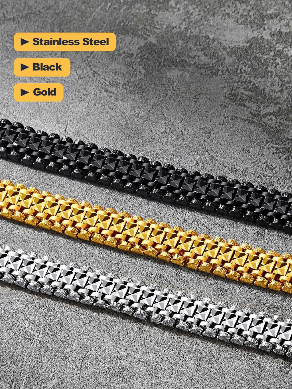 U7 Gold Bracelet for Men，14K Yellow Gold Plated Solid Mens Bracelet 12mm