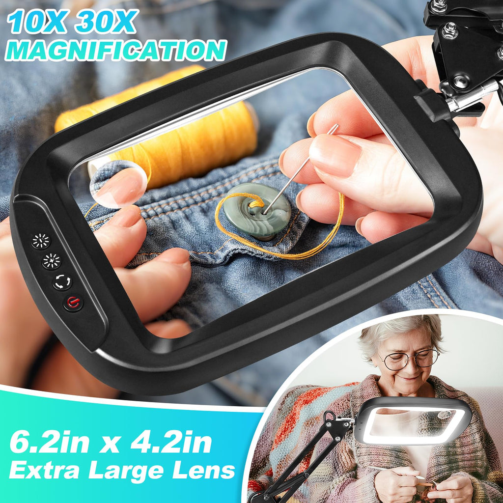 10X 30X Extra Large Magnifying Glass with Light and Clamp, Rectangle Hands Free Magnifier with 5 Color Modes, Adjustable LED Lighted Magnifying Desk Lamp for Reading Close Work Craft Painting (Black)
