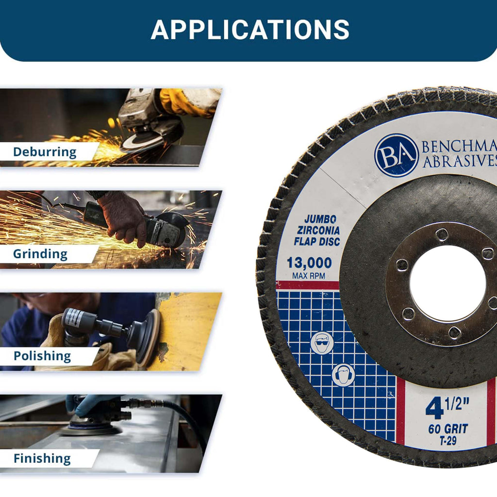 Benchmark Abrasives 4.5" x 7/8" Zirconia Type 29 Flap Discs, 60 Grit