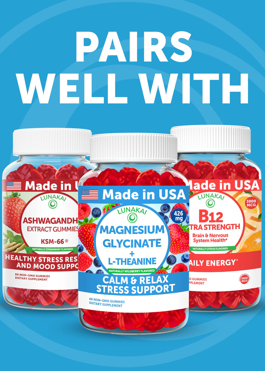 Lunakai USA Made Calm & Stress Relief Gummies – Delicious GABA + L-Theanine Calming Supplement for Adults & Kids – Natural Stress Support - 3 Pack