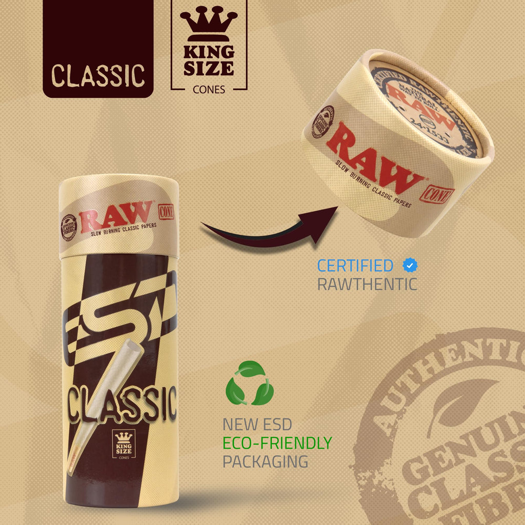 RAW Cones Classic King Size - 150 Pack - Slow Burning Pre Rolled Paper with Tips and Packing Tubes Included