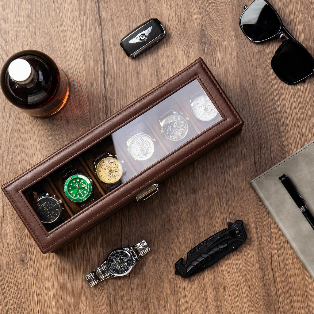 ProCase Watch Box, 6 Slot Watch Display Case with Drawer -Espresso