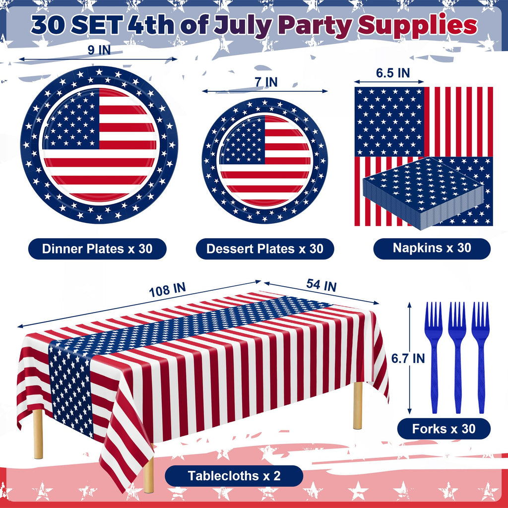 QZYL 122 PCS 4th of July Decorations, 30 Sets 250th Anniversary Patriotic Plates and Napkins, Disposable Fourth of July Paper Plate and Napkin Tablecloth Forks, USA Flags Memorial Day Party Supplies