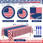 QZYL 122 PCS 4th of July Decorations, 30 Sets 250th Anniversary Patriotic Plates and Napkins, Disposable Fourth of July Paper Plate and Napkin Tablecloth Forks, USA Flags Memorial Day Party Supplies